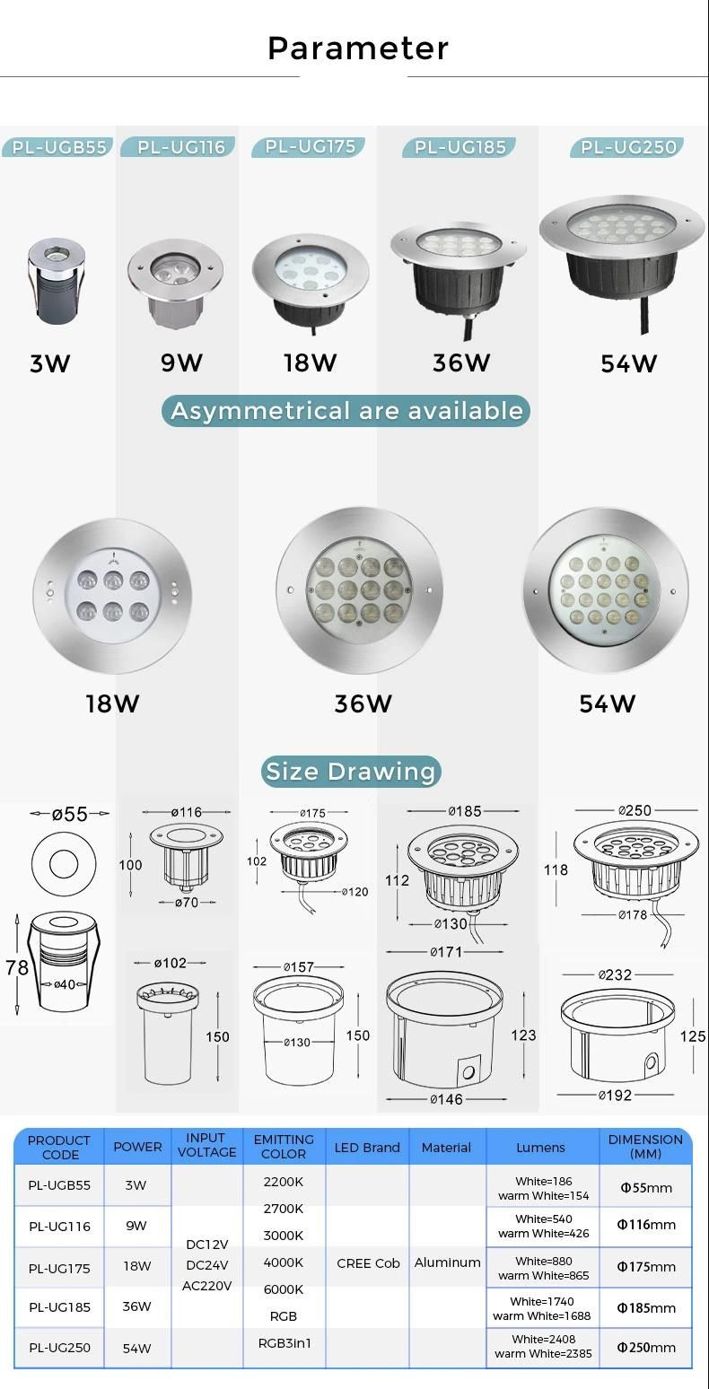Uplight IP67 Recessed Outdoor Round Square LED Underground Light RGB 3000K Warm White Buried Inground Light