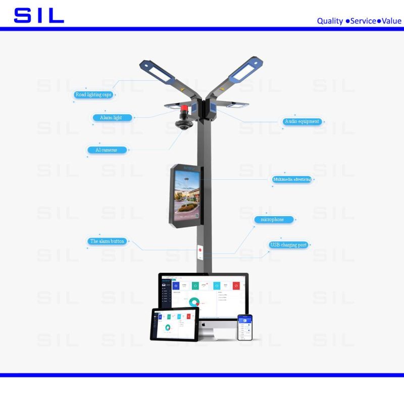 Smart City Outdoor LED Solar Street Light with Ai Camera 32inch LCD Screen and Double Arm 50W Street Lamp and 5 Meters Light Pole