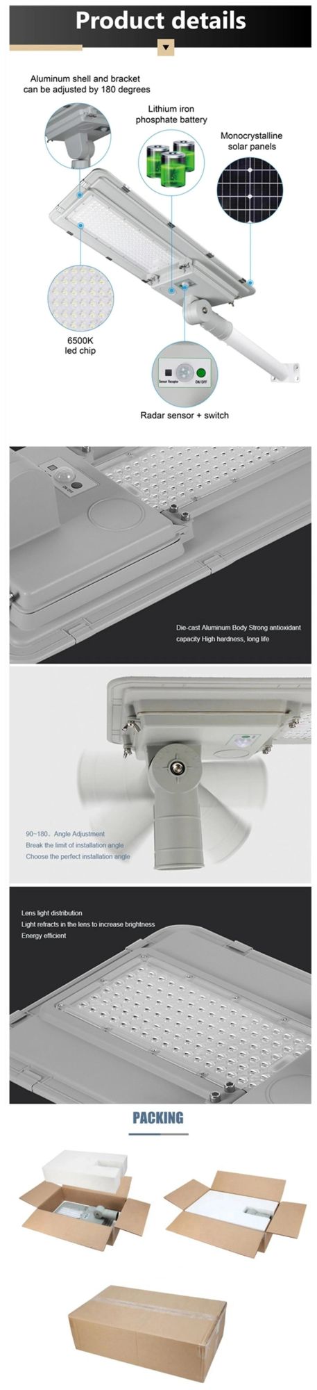 IP68 High powered Waterproof All in One/integrated Energy Saving Solar LED Street Light with lightings Motion Sensor System and(Lithium Battery) for garden park