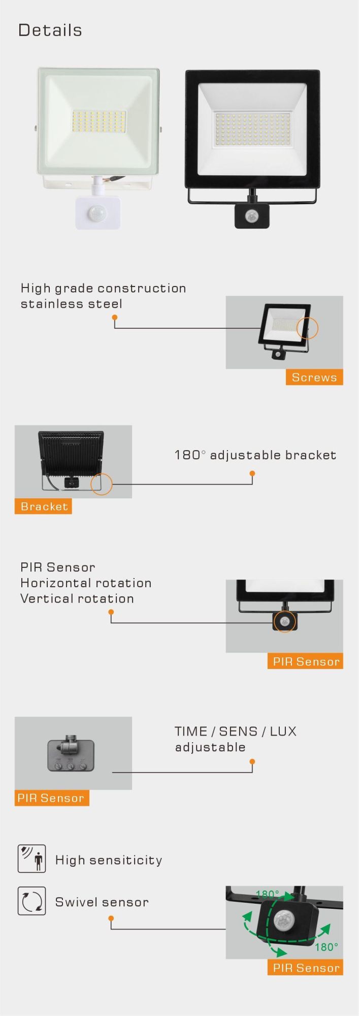 Motion Sensor Floodlight RoHS ERP Adjustable Outdoor LED Floodlight with PIR Sensor