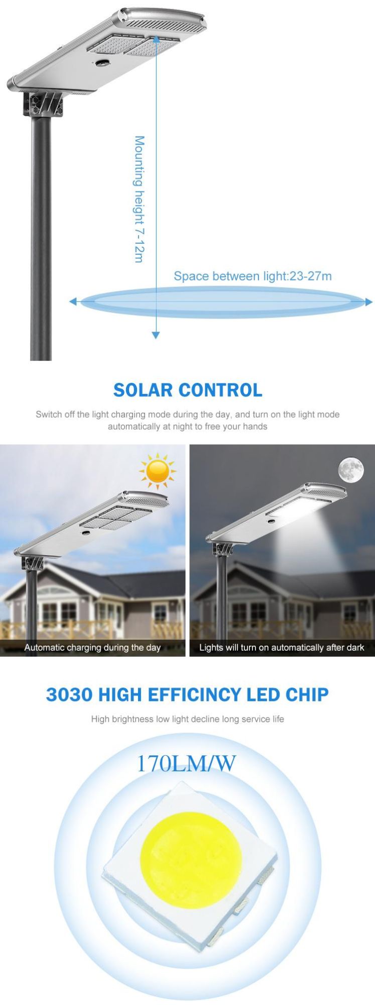 Outdoor Waterproof Road Lighting IP65 SMD 30 40 50 60 80 100 120 Watt All in One Solar LED Street Light