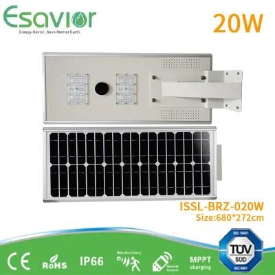 More Than 8 Years Lifespan 2000 Circles LiFePO4 Battery 20W Integrated Solar Powered Lighting All in One Solar LED Street Light
