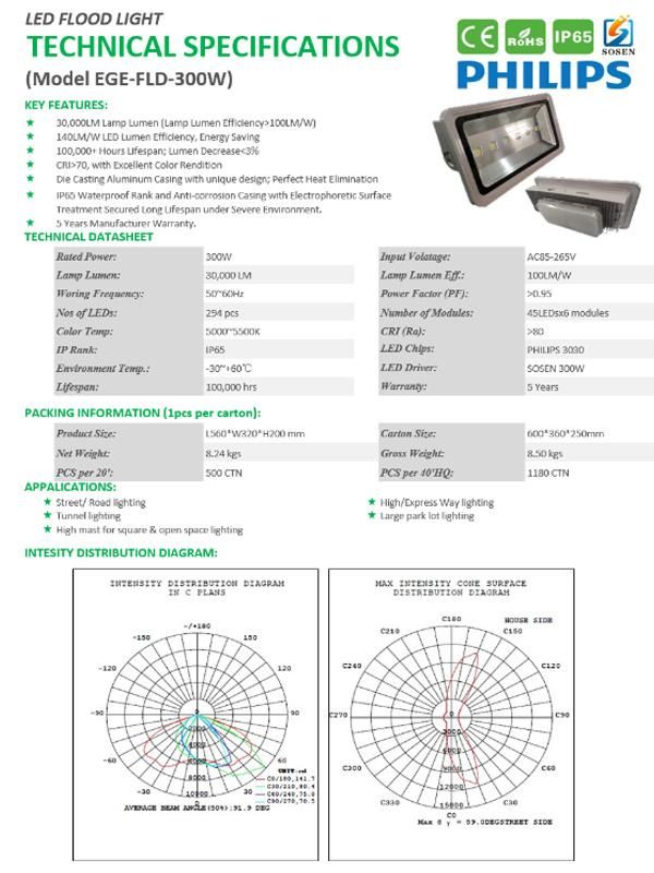 LED Flood Light 300W Esavior Ce RoHS IP66