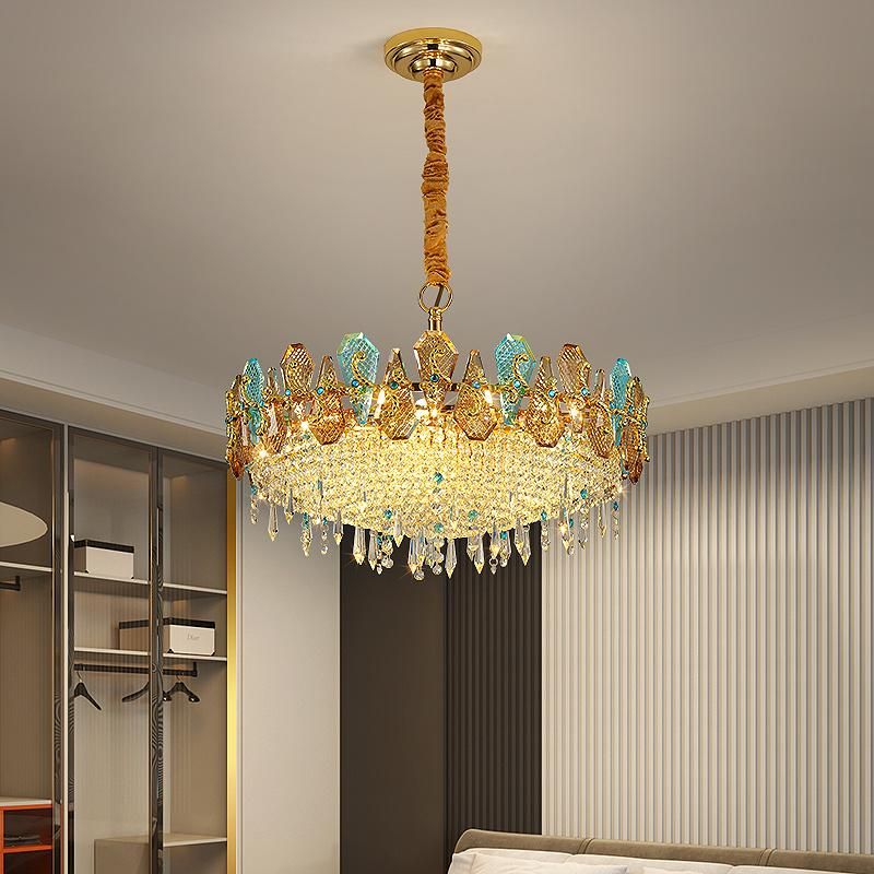 2022 Decorative Living Room Gold Hanging Pendant Lighting Fixture Colorful Crystal Stone Chandelier