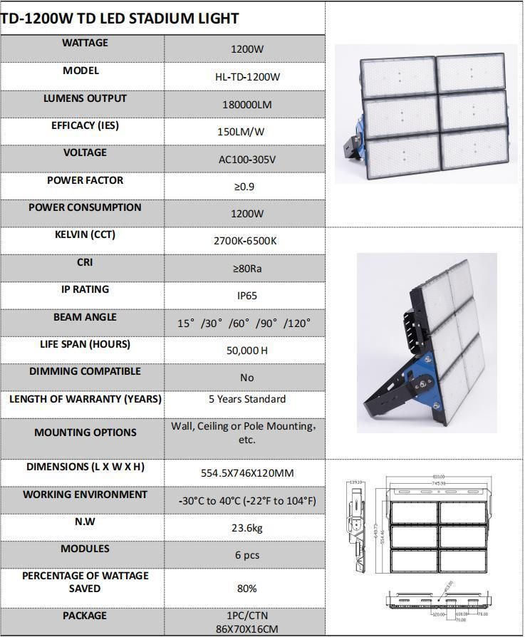 Gymnasium Stadium Light Outdoor Waterproof 1200W LED High Mast Light