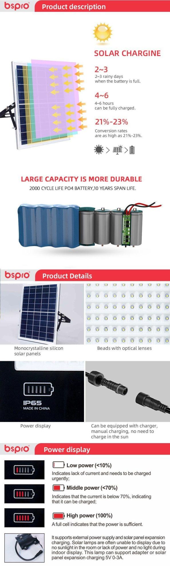 Bspro IP55 Aluminum Outdoor High Power Waterproof Lights Wall Install Solar Street Light