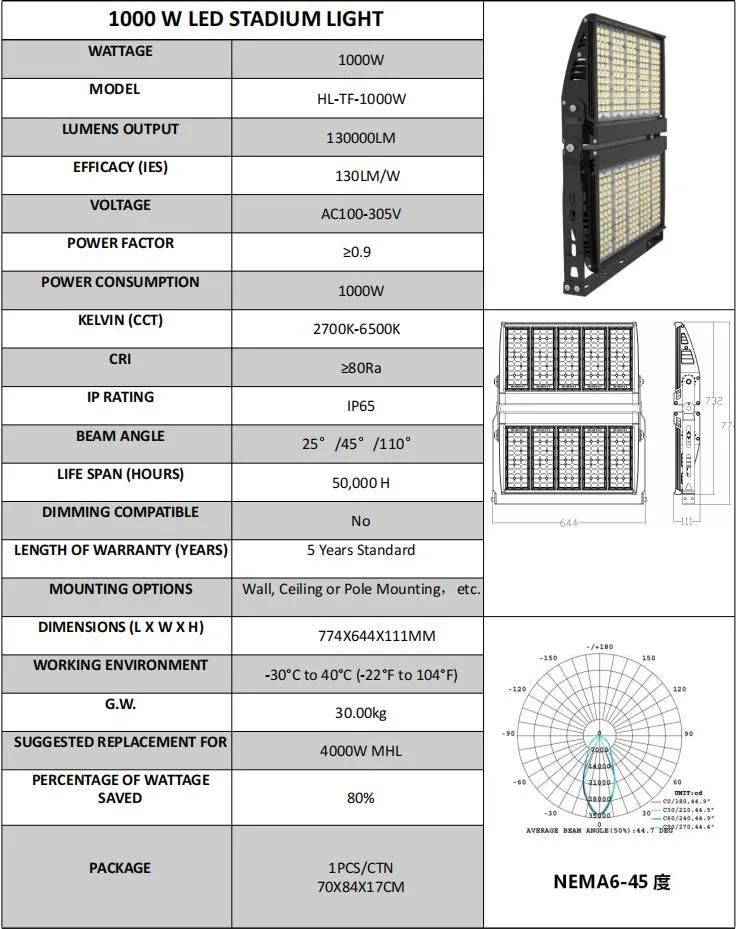 1000W High Brightness Outdoor Stadium Light LED High Mast Light