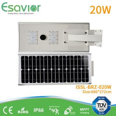 Cool White 6000K Color Temp 20W Integrated Solar LED Street Light All in One LED Road Lighting Outdoor Lamp