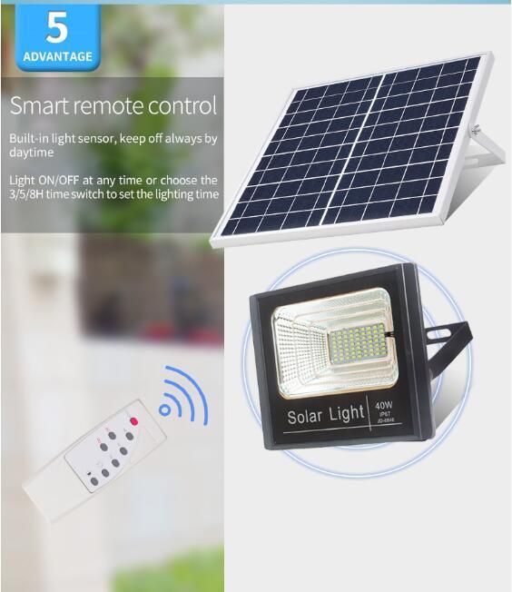 Outdoor Lighting LED Floodlight 40W 60W 100W Solar Panel with Smart Light Sensor Control