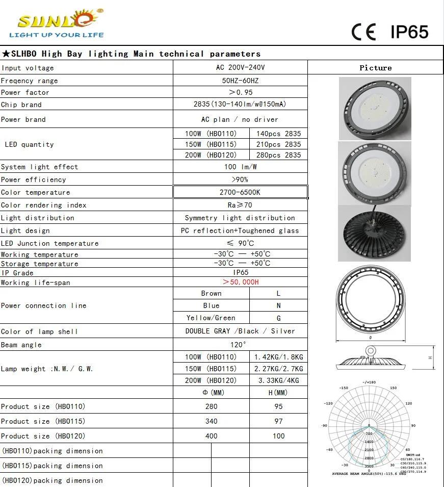 IP65 Waterproof EMC Certificated 100W 150W 200W LED High Bay Light with 5 Years Warranty