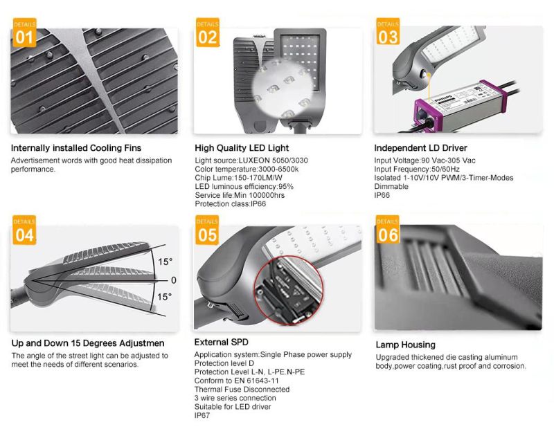3500K to 6500K Color Temperature ISO Approved Factory Supply High Quality 30W~120W Adjustable LED Street Light