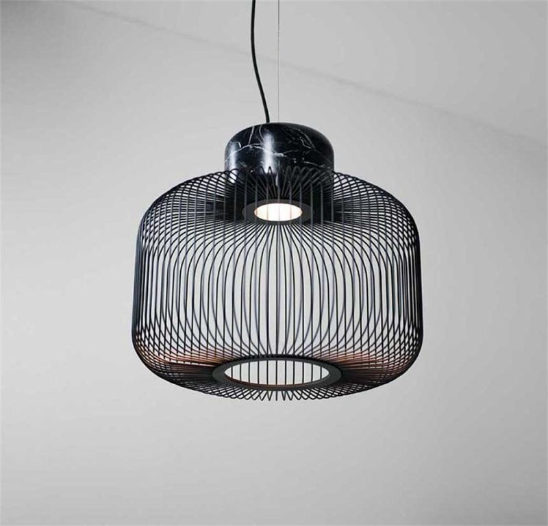 2022 Keshi S Suspension Lamp Crafted in Sanded Black Markina Marble and Metallic Bar Shade Pendant Light