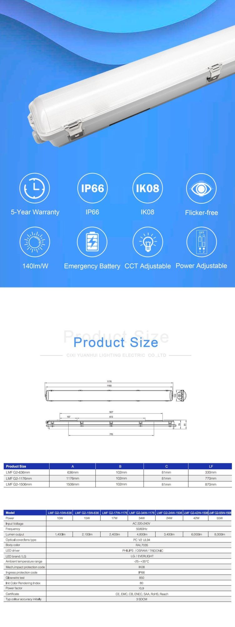 15W 24W 34W 42W IP66 LED Waterproof Light Triproof with Emergency