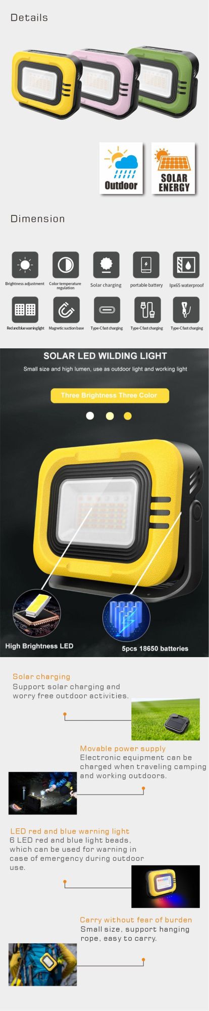 Portable CCT Change Color Adjustable Oudoor LED Solar Camping Light for All Scenes
