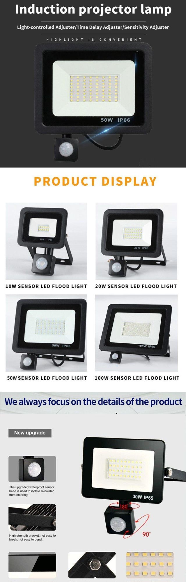 Energy Saving Waterproof Outdoor 20W 30W 50W 100W LED Flood Light with Black Housing Projector Reflector Lampara Motion Sensor Aluminium