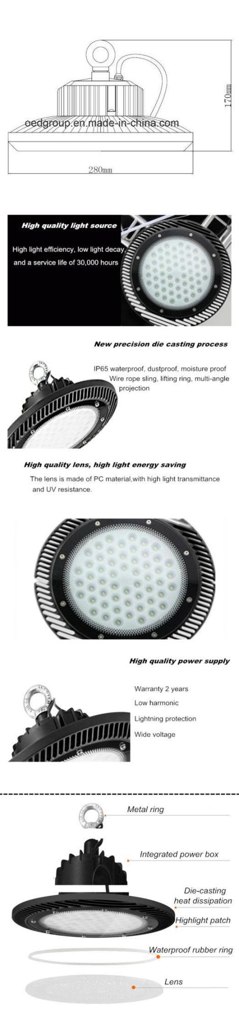 Factory Direct Price Diecast Aluminium 100W Round SMD UFO LED Highbay Lighting