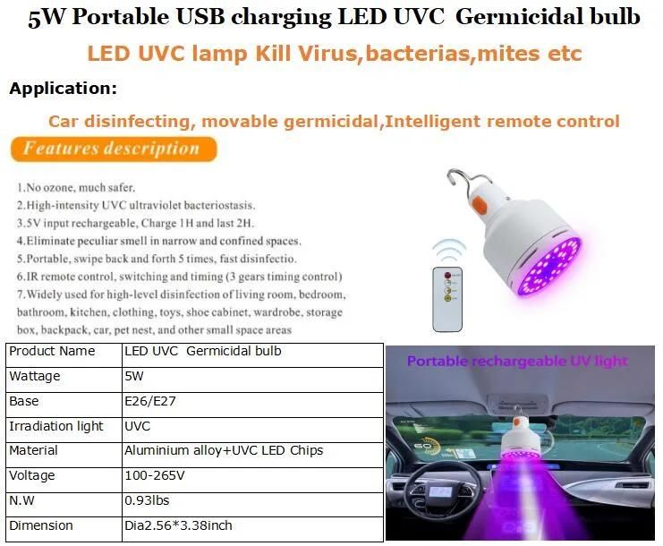 LED Portable UV Disinfection Lamp Rechargeable UVC Germicidal Lamp Vehicle Ultraviolet USB Disinfection Lamp for hospital