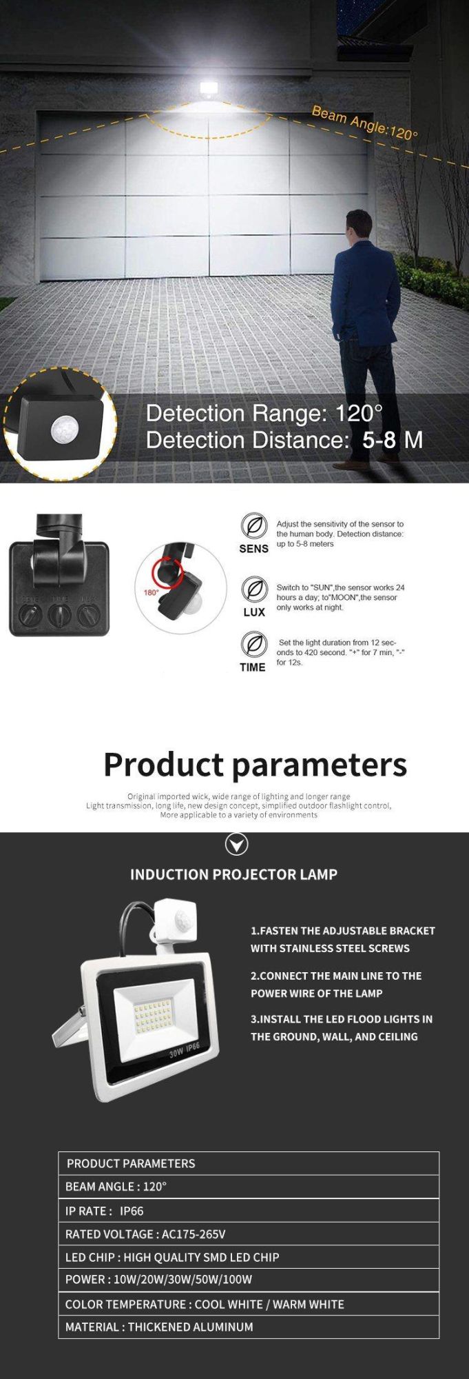 Energy Saving Waterproof Outdoor 20W 30W 50W 100W LED Flood Light with Black Housing Projector Reflector Lampara Motion Sensor Aluminium