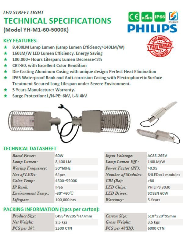 Esavior IP66 Ce RoHS ISO TUV 60W LED Street/Sensor/Smart Light for Project