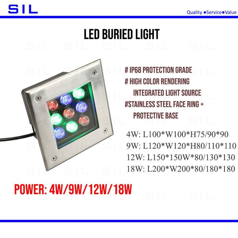 18W Square Buried Landscape Outdoor Garden DMX512 IP65 RGB White Inground Recessed RGBW LED Underground Light