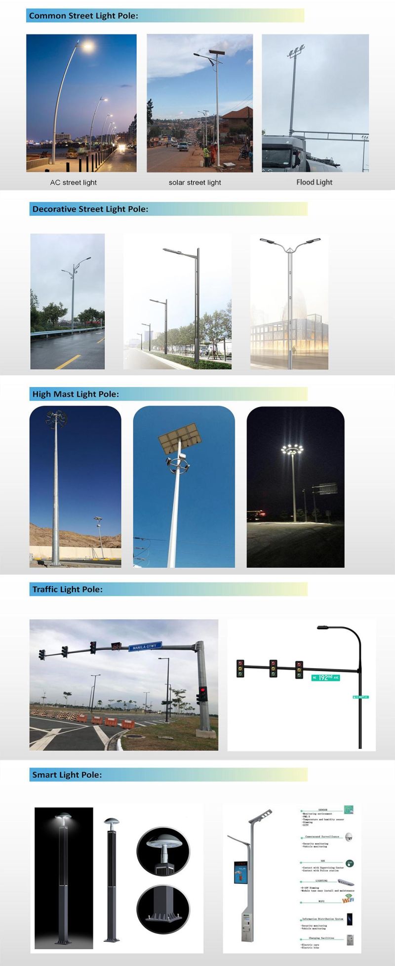 6m Galvanized Steel Used Solar LED Street Lamp Colored Post Q235 Steel Light Pole