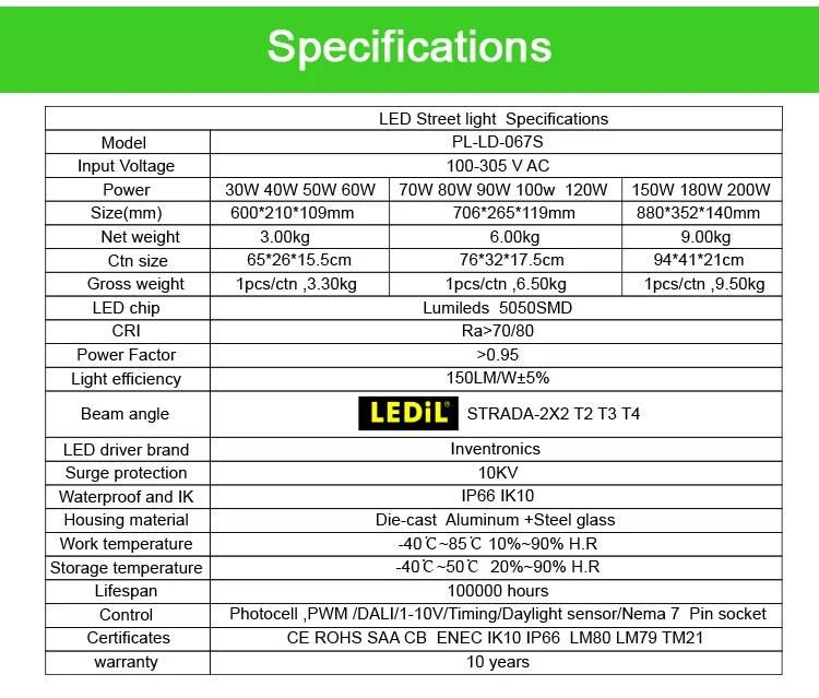 100W Outdoor IP66 Ik10 TUV Meanwell Driver with 5years Warranty LED Street Light