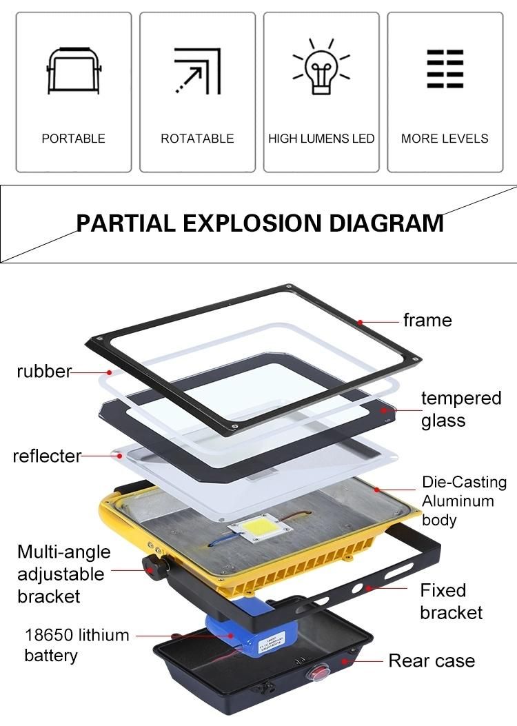 Rechargeable Portable 20W/30W/50W/100W/150W LED Flood Light Work Light for Outdoor Lighting IP65 Waterproof