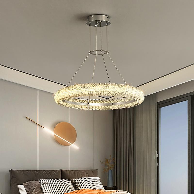 2022 Modern Round Circle Silver Metal Luxury Crystal Ceiling Chandeliers LED Nordic Pendant Lights