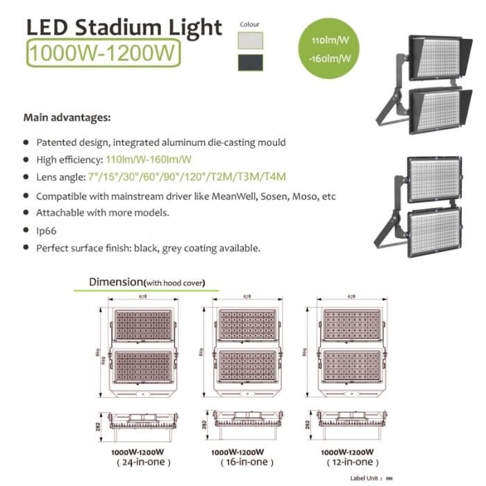 Patented IP66 Stadium Light Modular Adjustable 1200W LED Flood Lamp