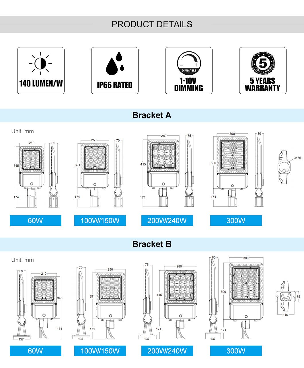 Outdoor Road Street Light 60W 100W 150W 200W 240W 300W IP66 Waterproof 5years Warranty LED Shoebox Light