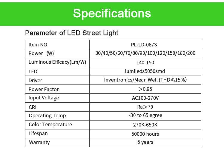 10 Years Warranty IP66 2700K-6500K 150lm/W 80W Outdoor LED Street Light