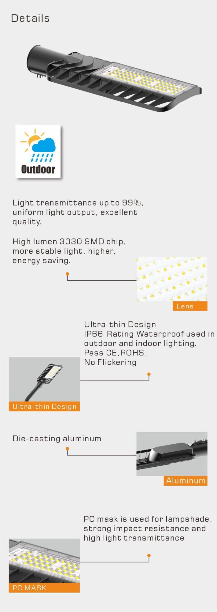 High Efficiency IP66 30W 40W 50W 60W LED Street Light for Project