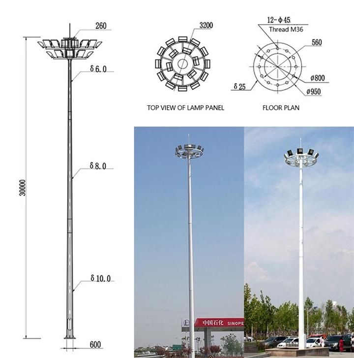Hepu 20m/25m/30m/35m/40m Hot-DIP Galvanized Steel Conical/Octagonal High Mast Light/Lighting LED Stadium Flood Light High Mast Light Pole