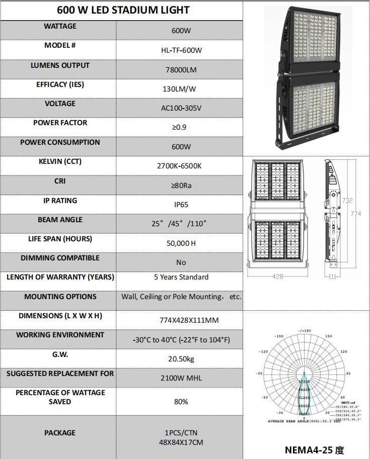 600W LED Stadium High Mast Light with Five Years Warranty