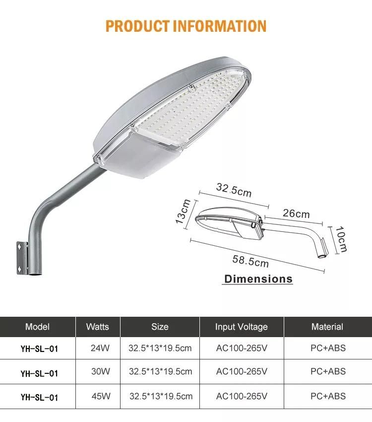 PC ABS Housing Outdoor Waterproof IP65 24W 30W 45W LED Street Light