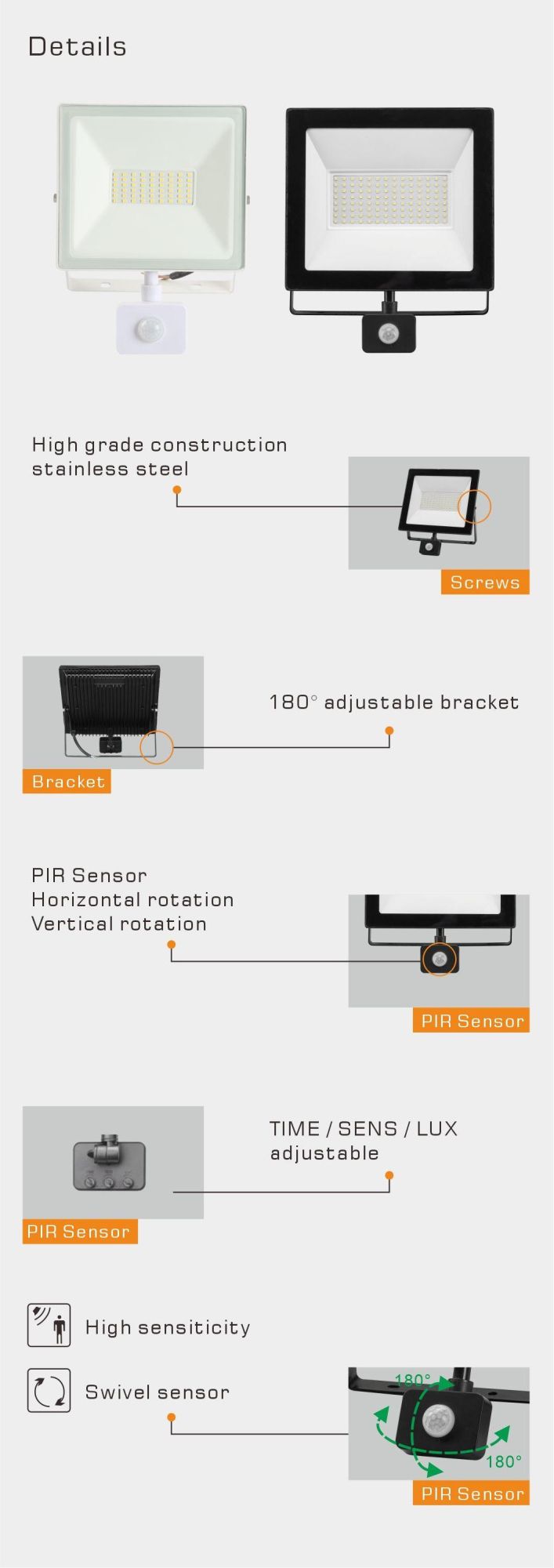 High Lumen Wireless PIR Motion Sensor IP65 Outdoor 20W LED Floodlight